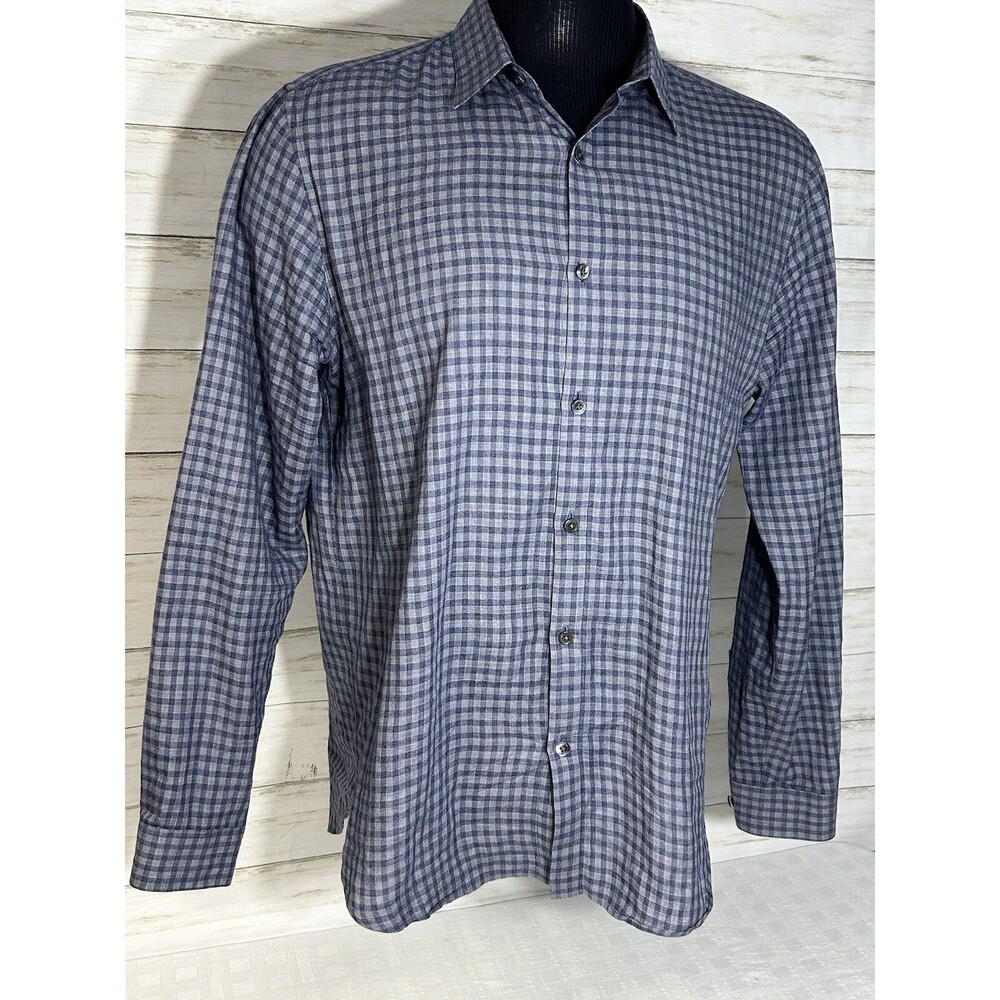 EXCELLENT! Theory Blue Gray Micro-Check Button Up Long Sleeve Shirt Men’s LARGE